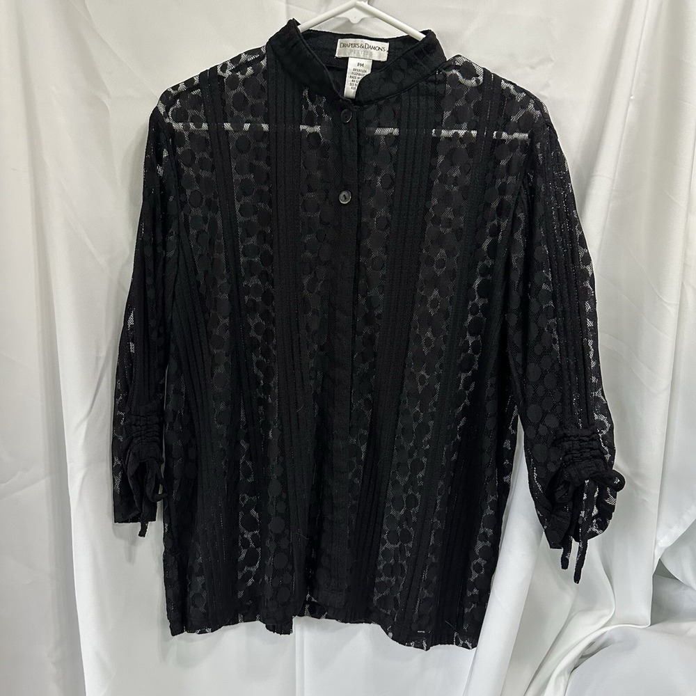 LACE‎ BLOUSE Size M Petite Black Collar Button Front Layer Bohemian Feminine Top